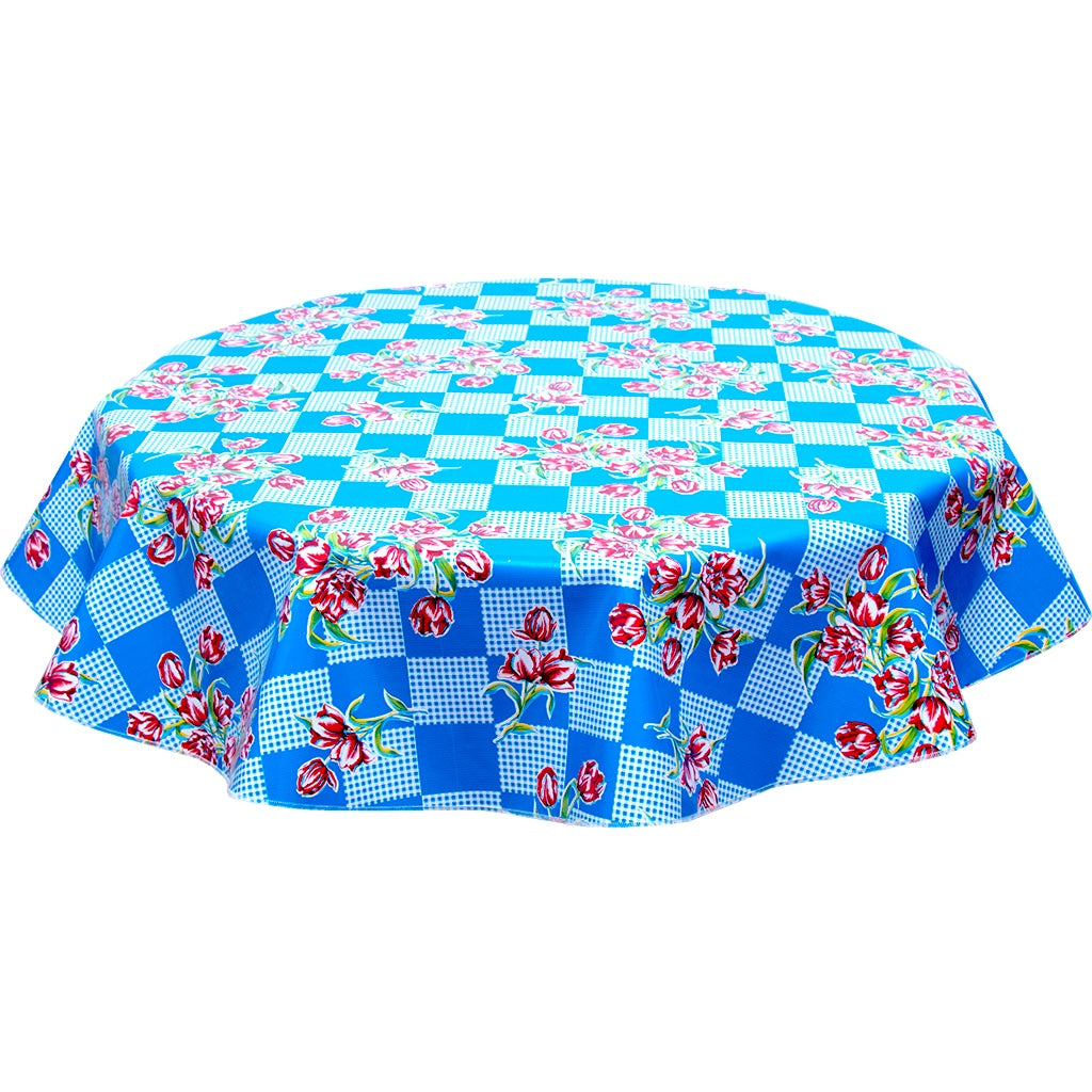 freckled sage round tulips blue oilcloth tablecloth