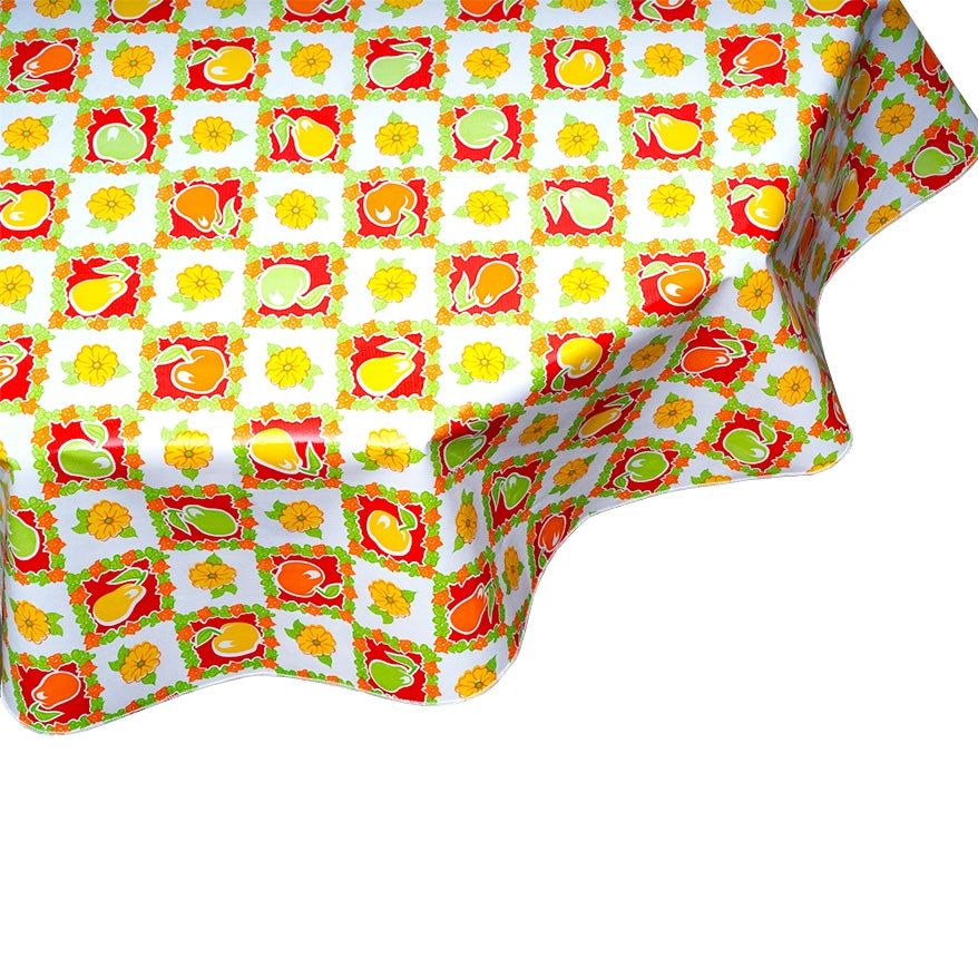 freckled sage round pears and apples red oilcloth tablecloth