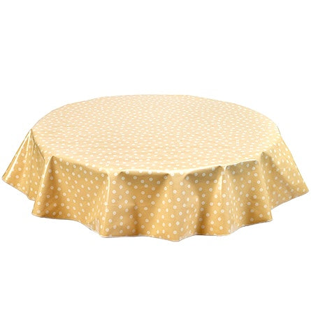 freckled sage round dot white on tan oilcloth tablecloth