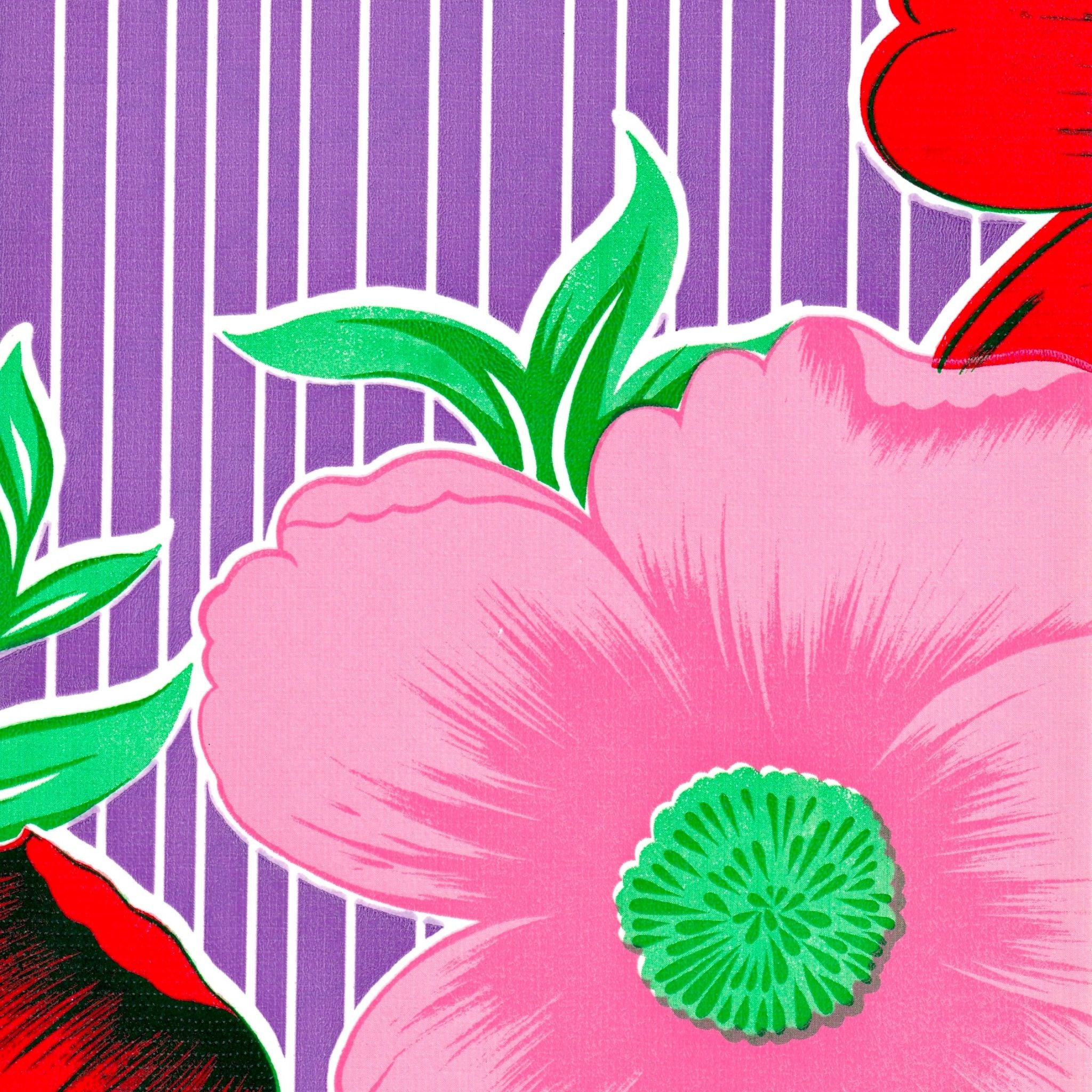 big flowers and stripes purple oilcloth swatch