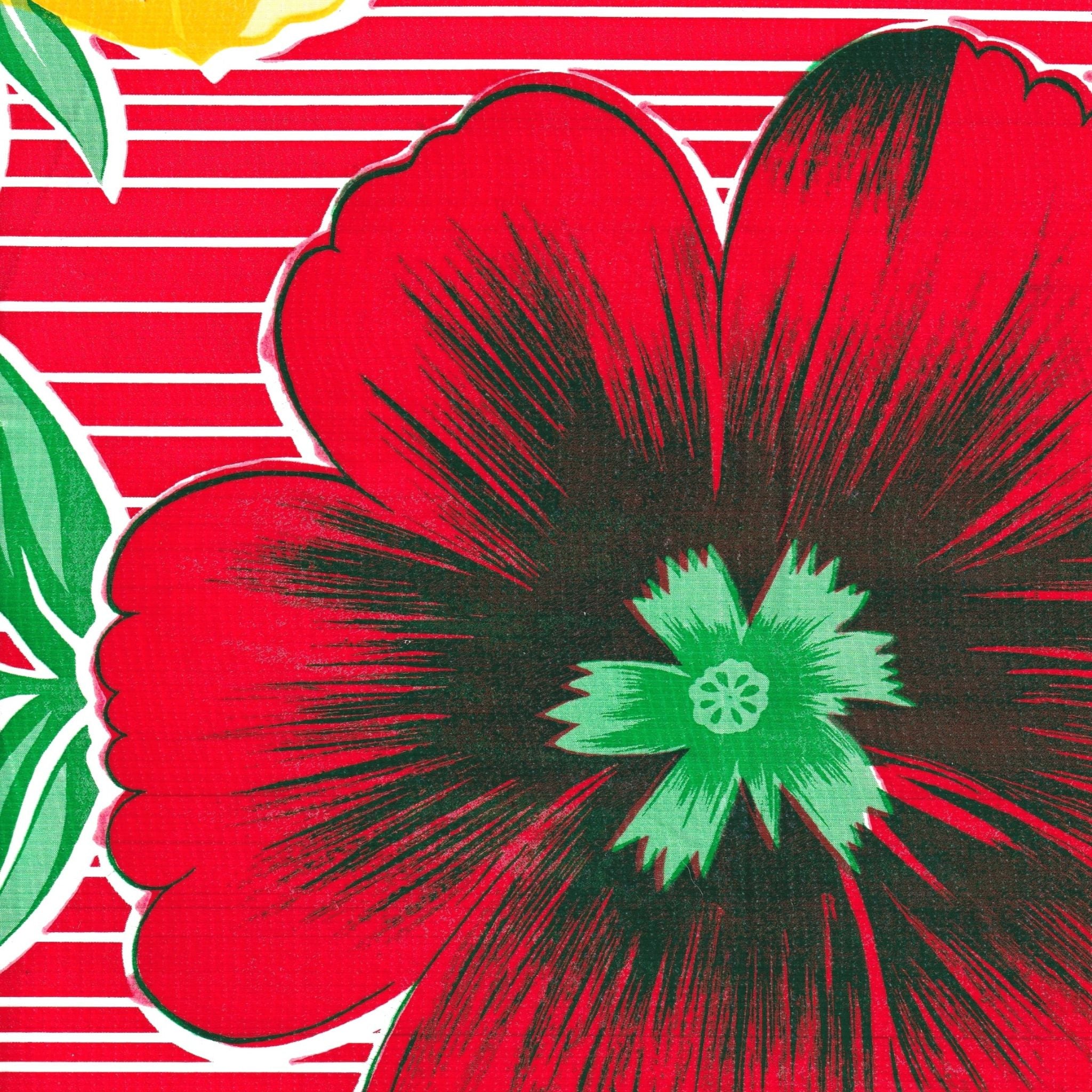 big flowers and stripes red oilcloth swatch