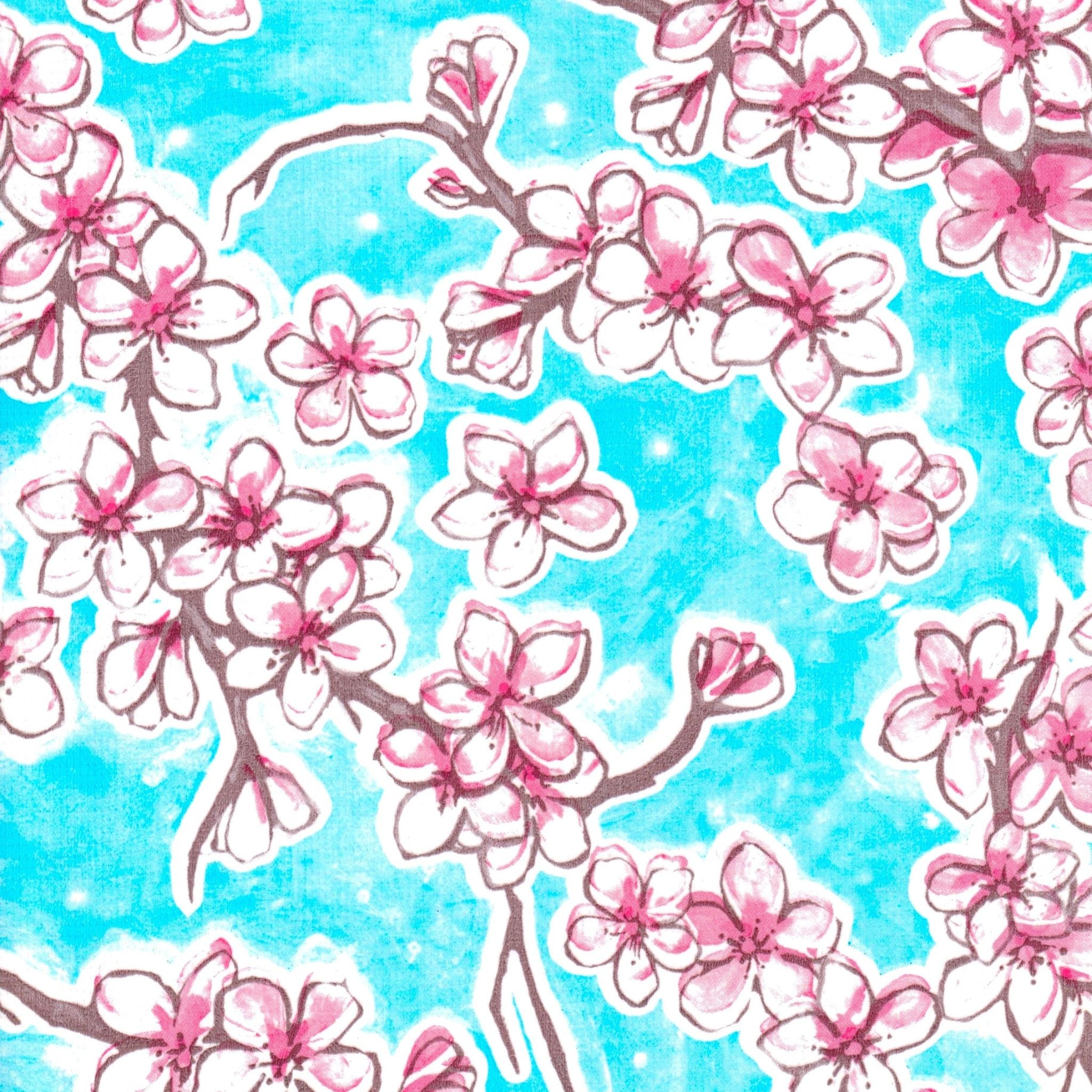 Cherry Blossom Light Blue Oilcloth Fabric