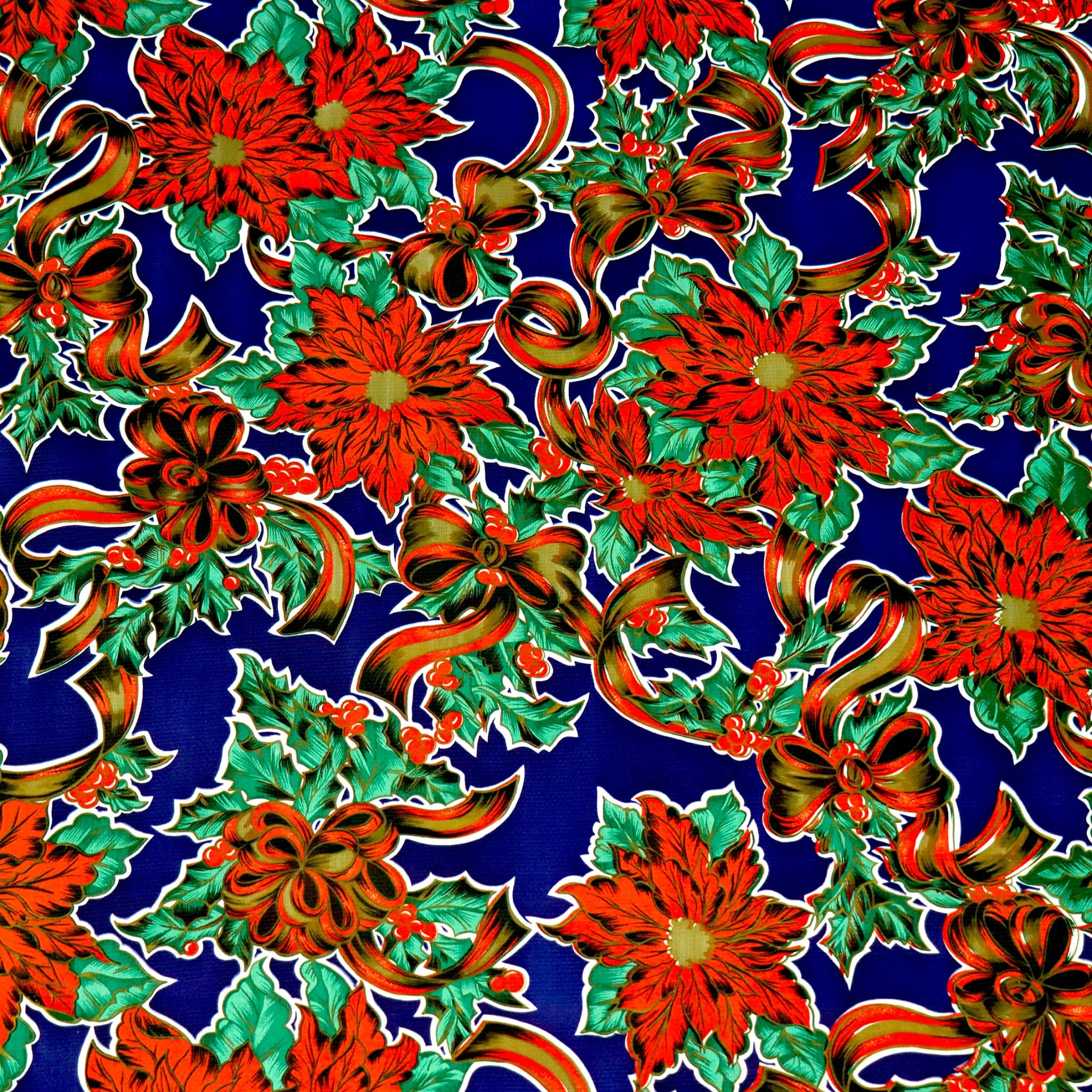 christmas ribbons and holly blue oilcloth swatch