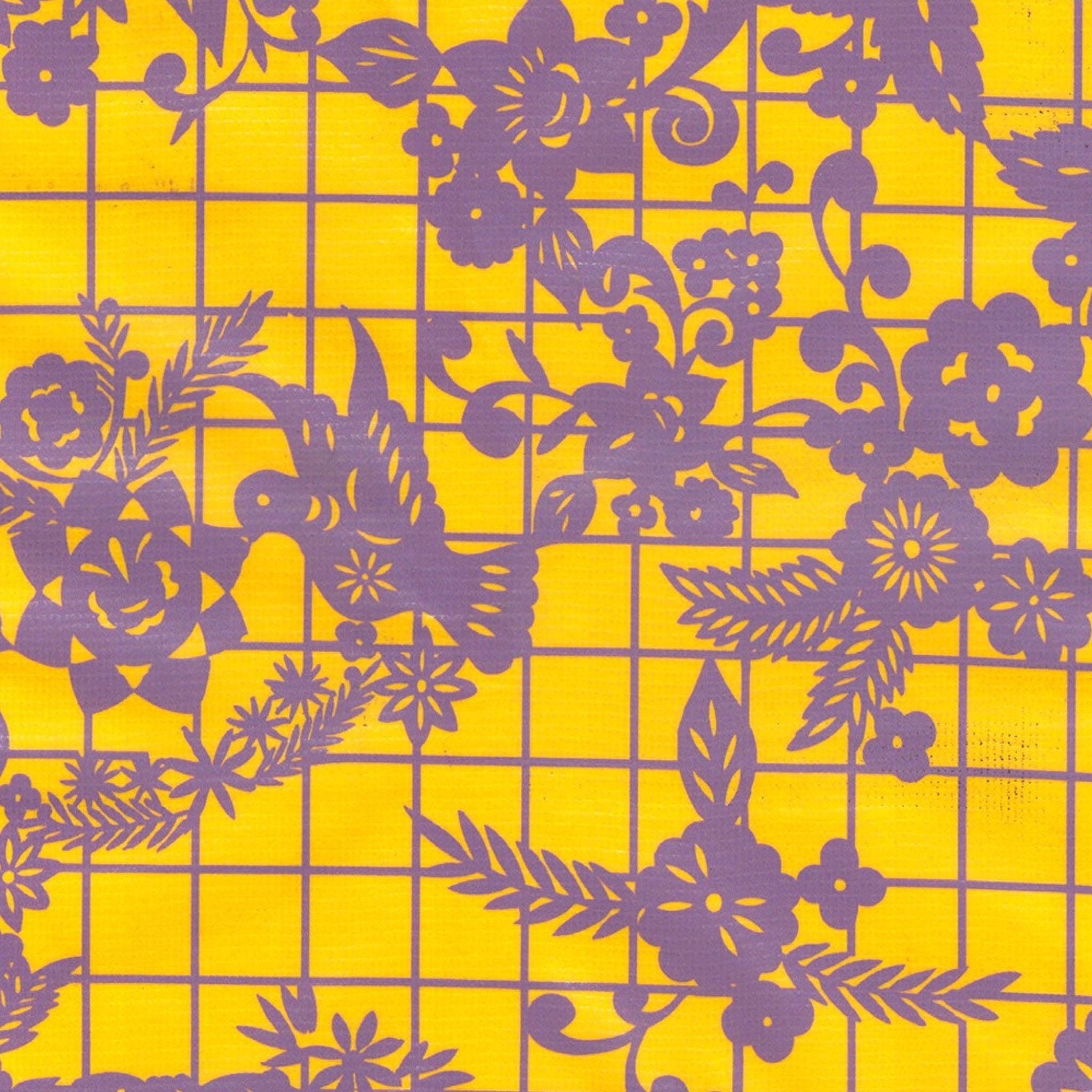 day of the dead purple on yellow oilcloth swatch