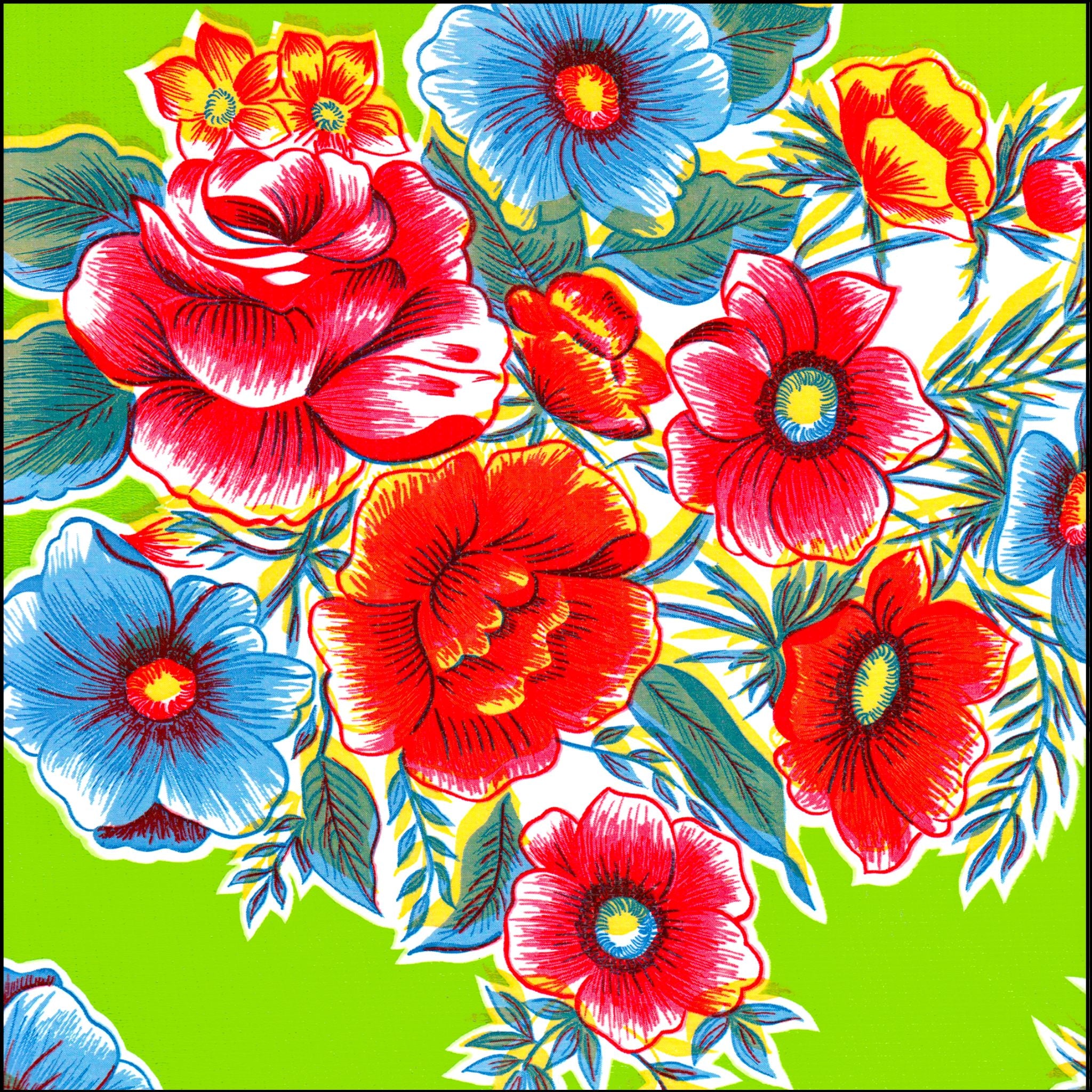 flowers lime green oilcloth swatch