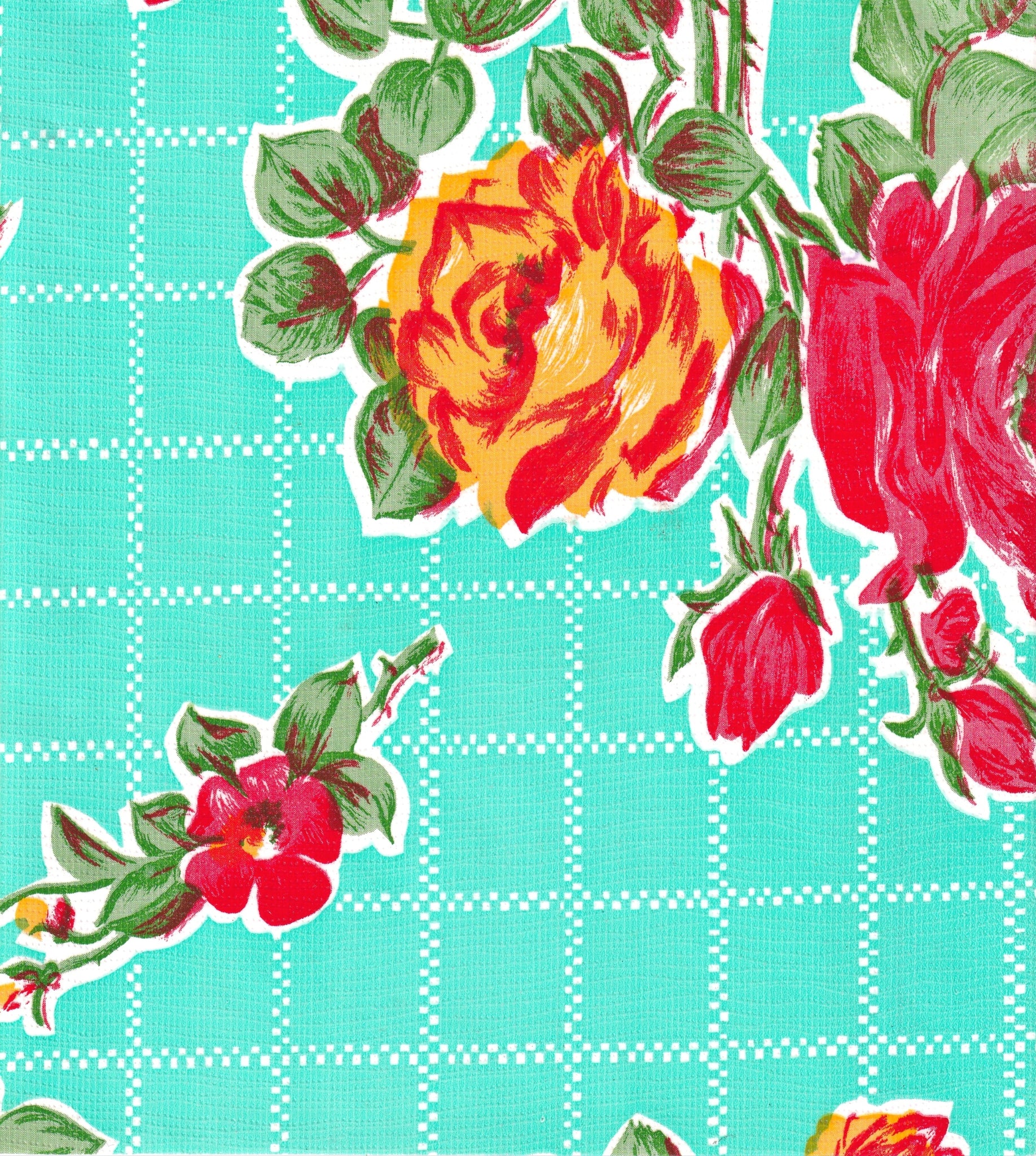 oilcloth by the yard rose and grid aqua swatch