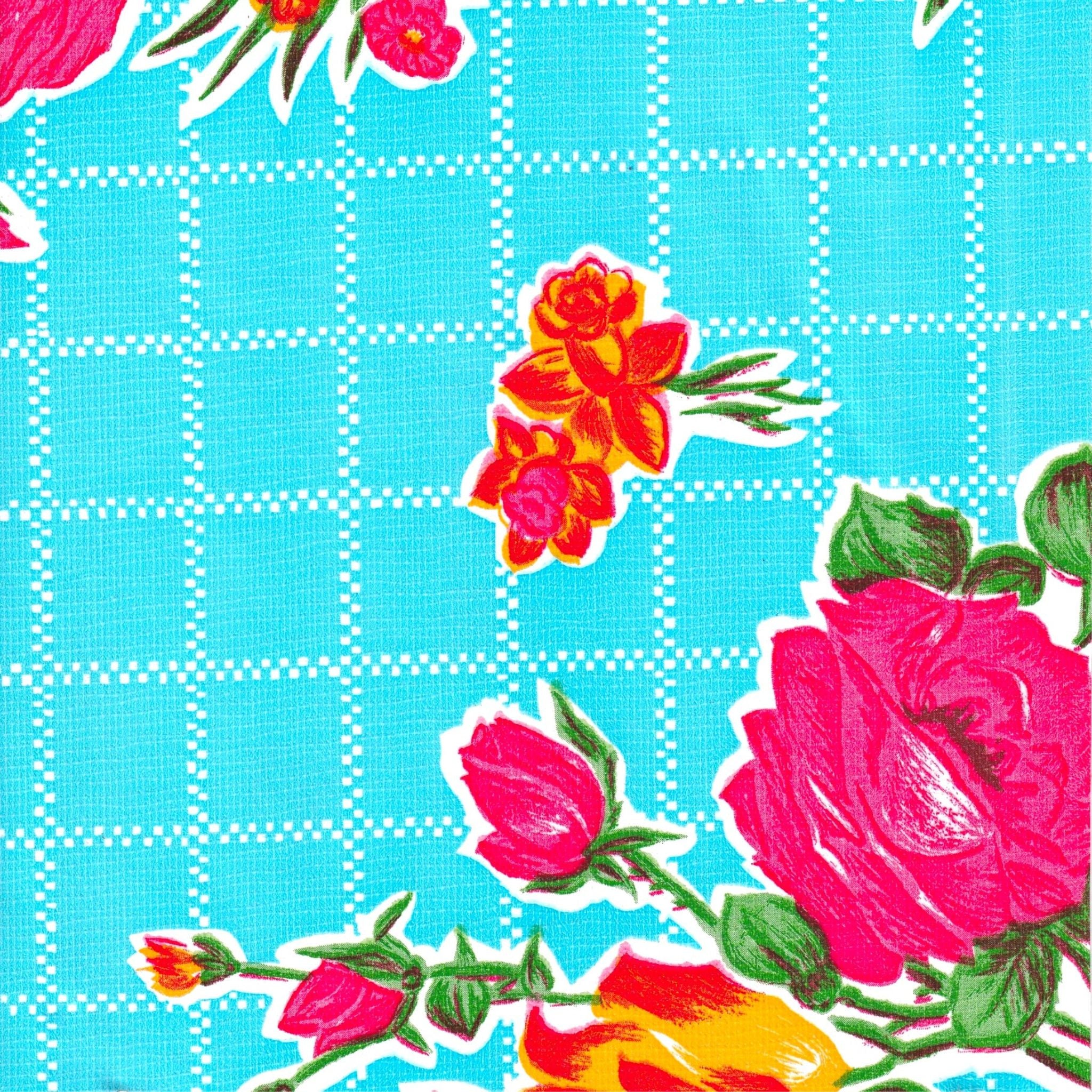 rose and grid light blue oilcloth swatch