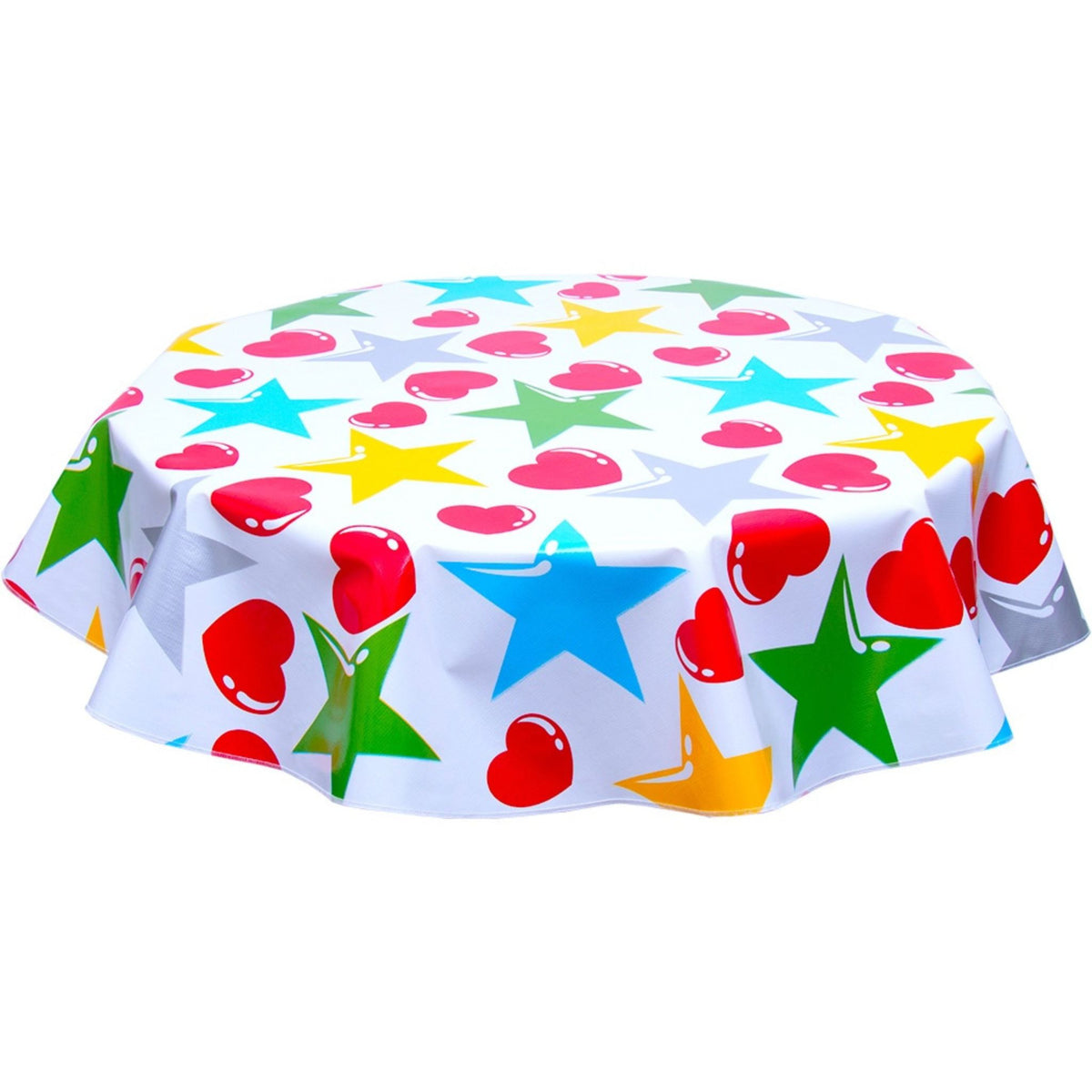 freckled sage round hearts and stars silver and red oilcloth tablecloth