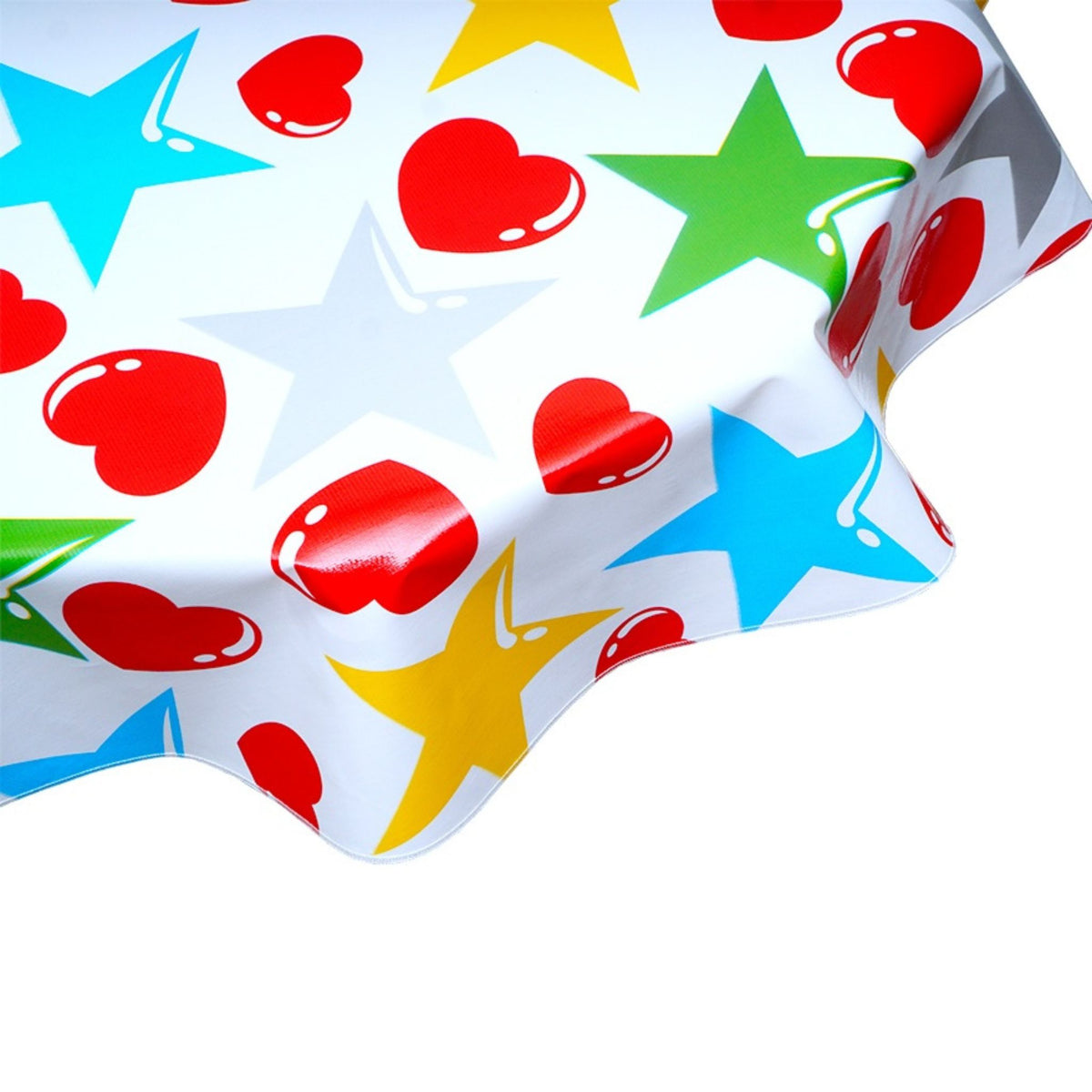 freckled sage round hearts and stars silver and red oilcloth tablecloth