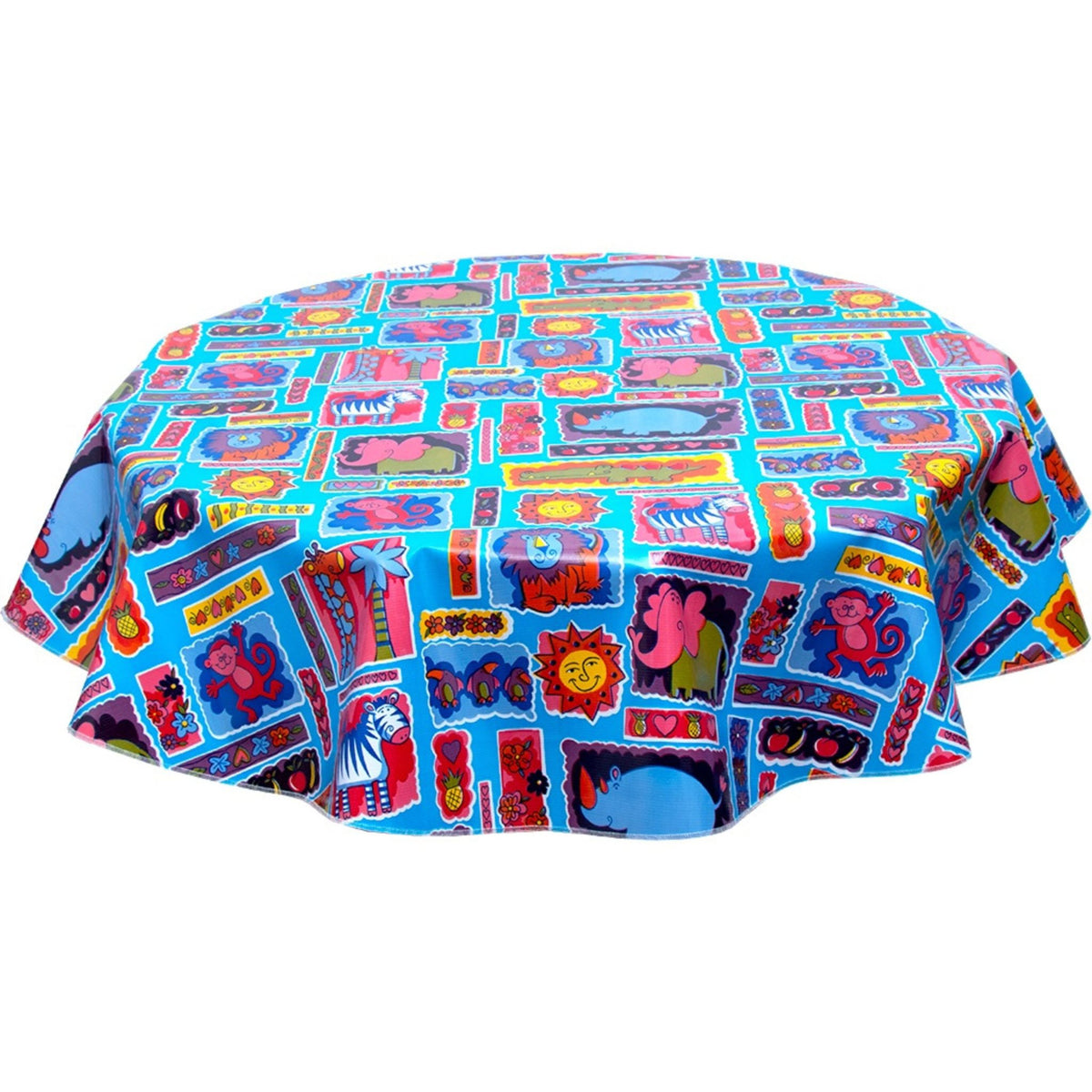 freckled sage round menagerie light blue oilcloth tablecloth