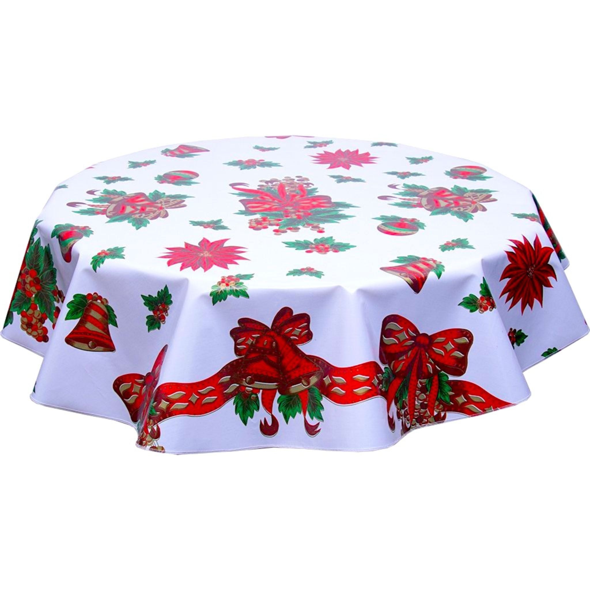 oilcloth by the yard round christmas bells and bows white oilcloth tablecloth
