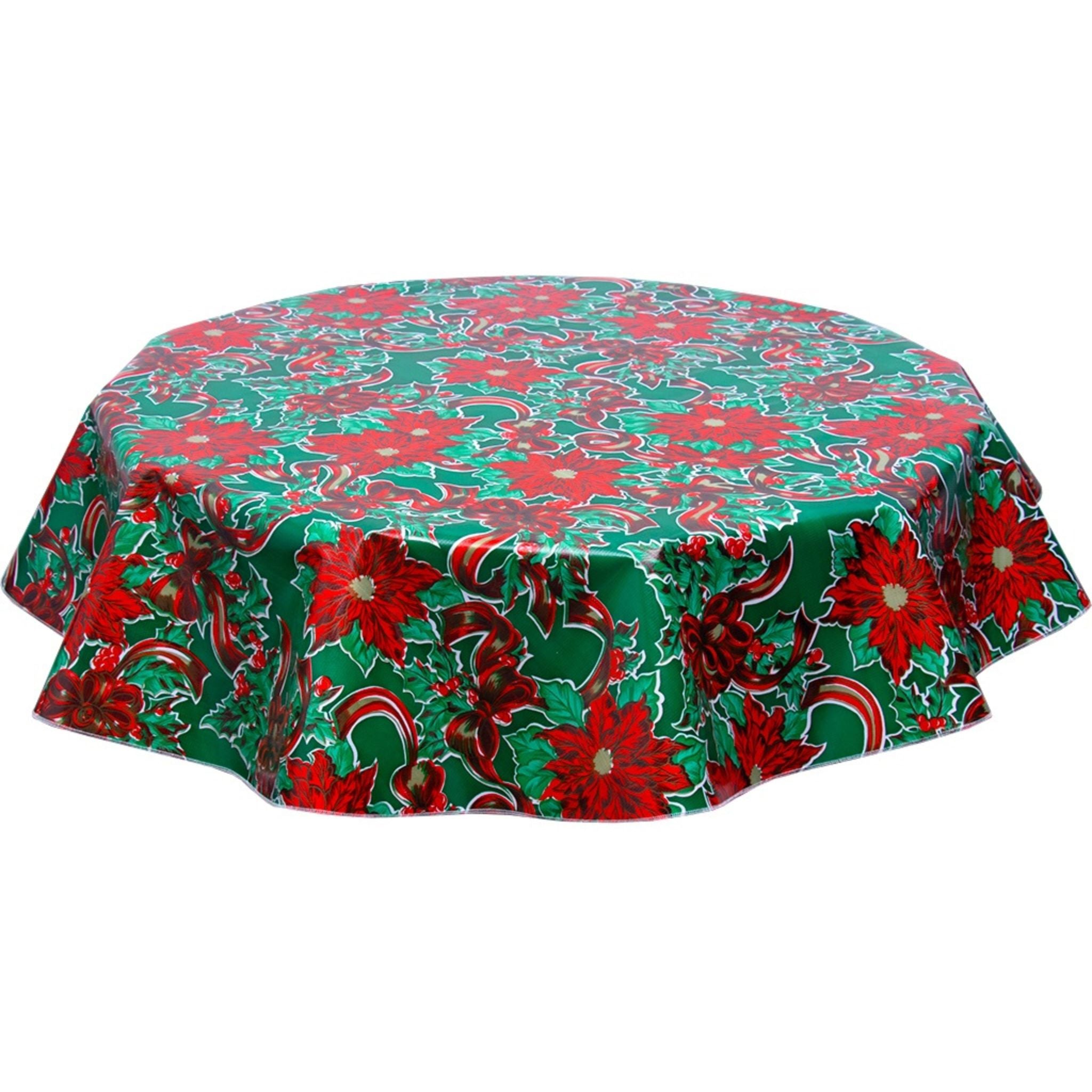 christmas ribbons and holly green round oilcloth tablecloth