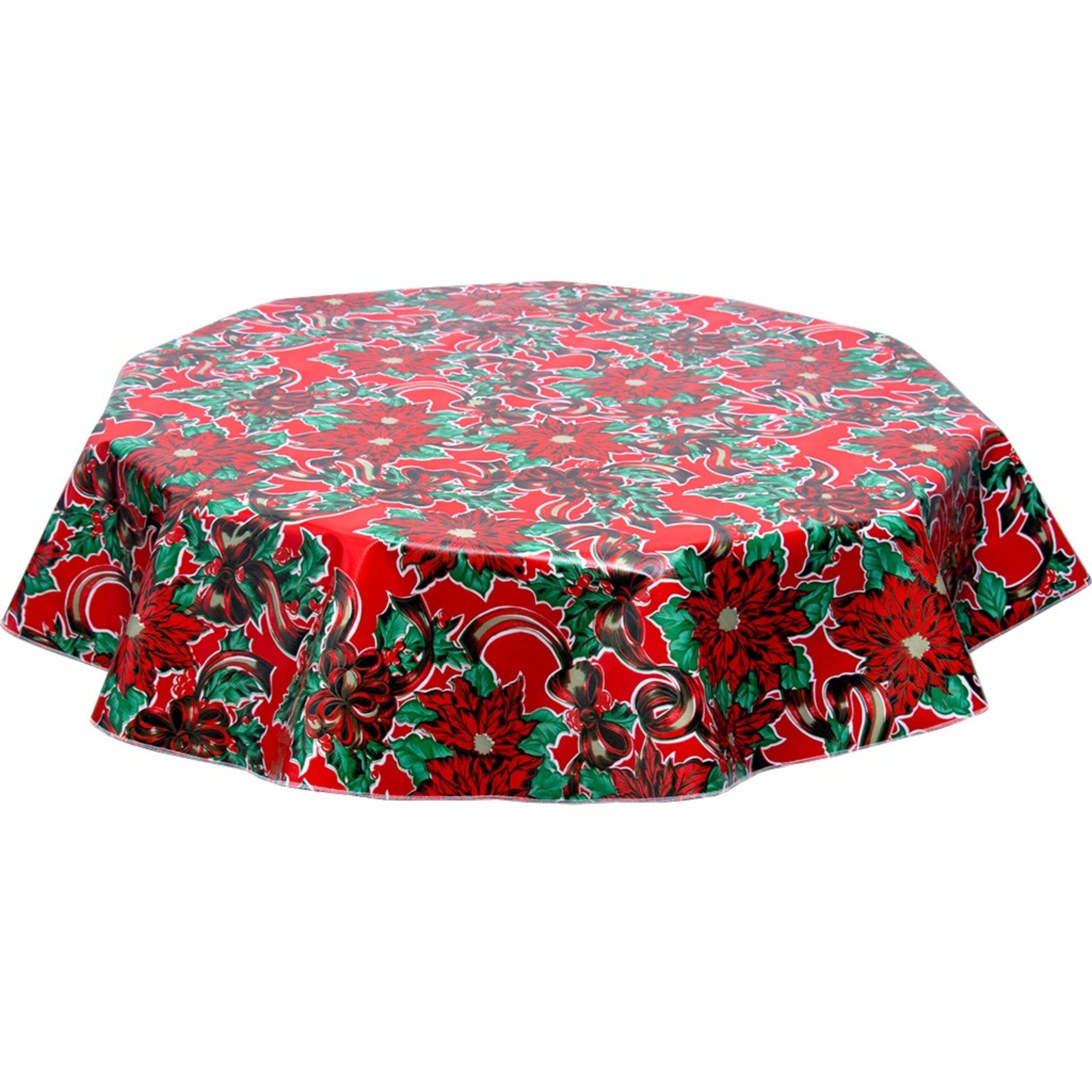 christmas ribbons and holly red round oilcloth tablecloth