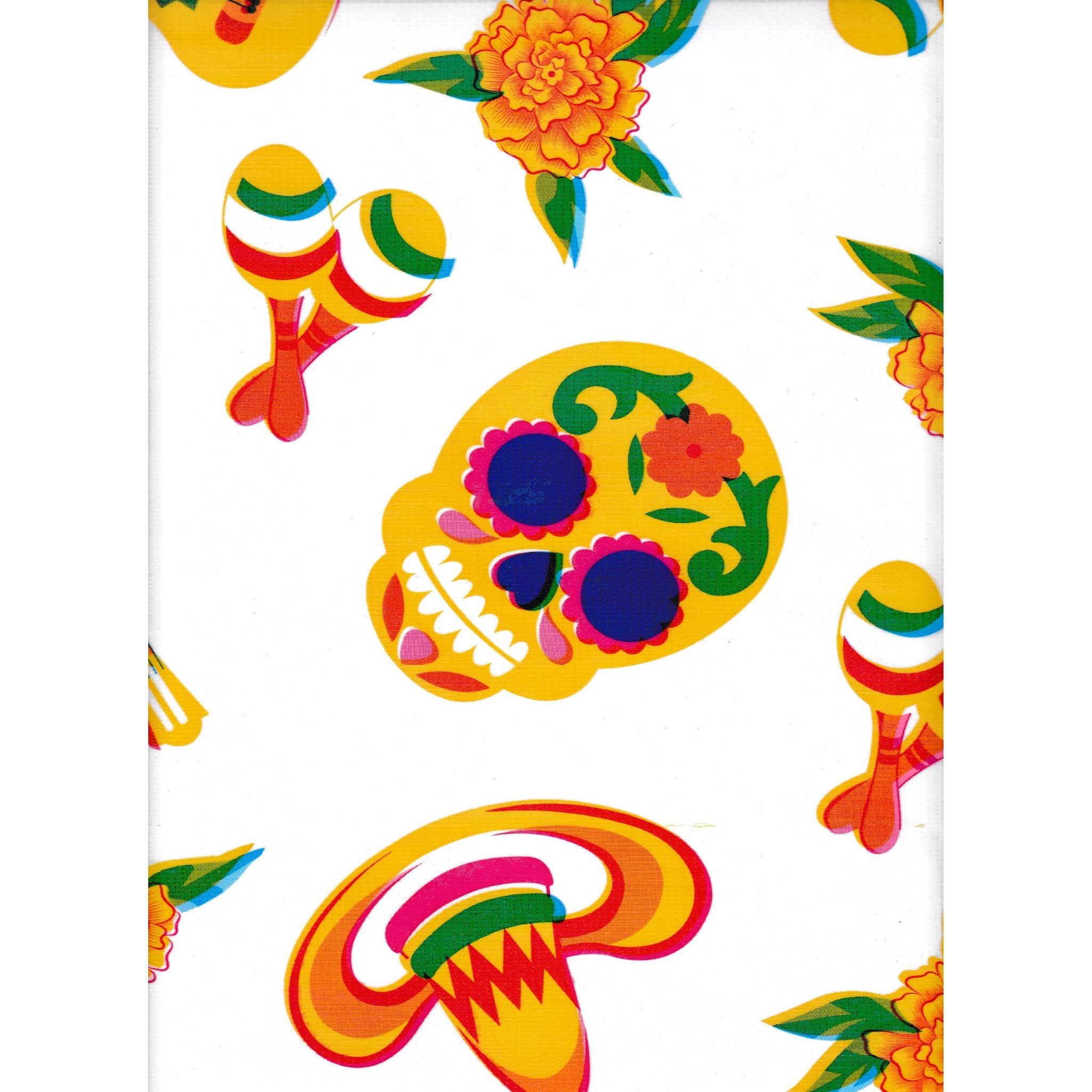 Skulls on White Oilcloth Fabric