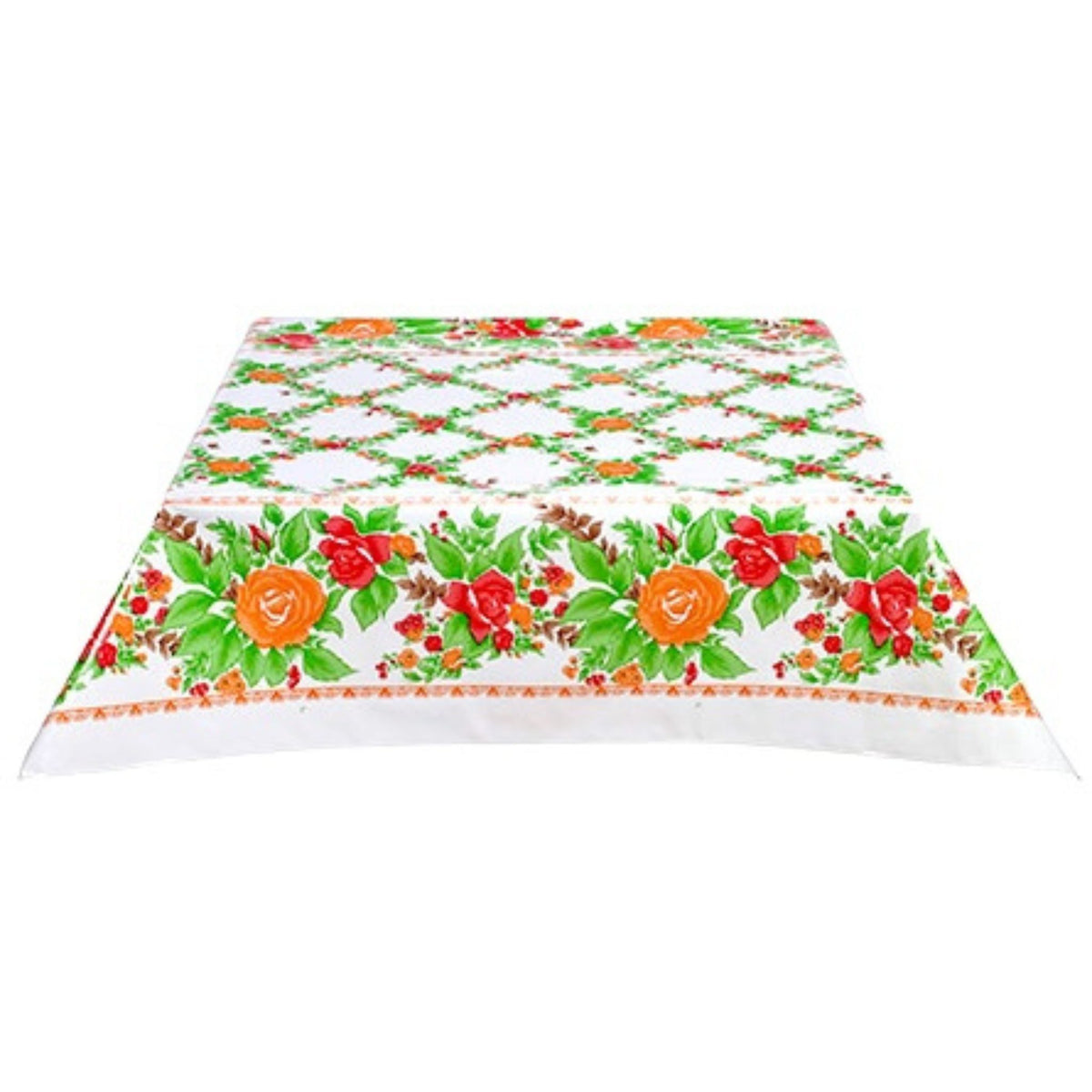 freckled sage rose vine orange oilcloth tablecloth with a merrowed edge