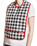 Adult Oilcloth waterproof bib buffalo check black crumb catching pocket trimmed with solid red