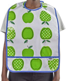 Adult oilcloth Bib Green apples on solid white background with solid blue trim and crumb catching pocket