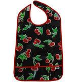 Adult Oilcloth Bib Red cherries on solid black background with crumb catch pocket and velcro closure