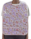 Adult Oilcloth Bib pink cherry blossom flowers on lavender background crumb catching pocket and velcro neck closure