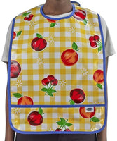 Adult size Oilcloth Bib apples peaches cherries on large gingham  buffalo check with blue trim and crumb catching pocket