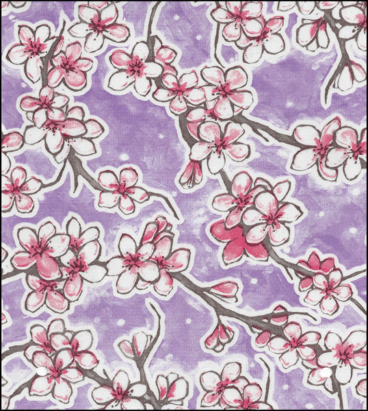 Cherry Blossoms on Lavender oilcloth swatch