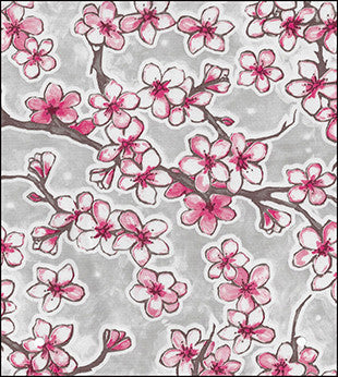 Oilcloth fabric swatch: pink cherry blossom flowers on silver background