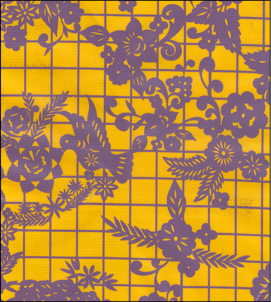 Day of the Dead Purple on Yellow oilcloth with skeletons on bicycles and flowers