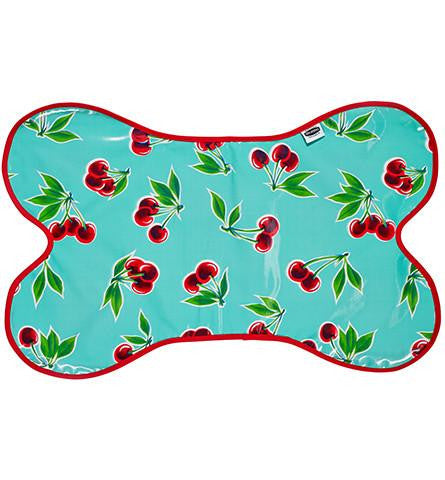 Freckled Sage Oilcloth Dog Mat in Cherry Aqua