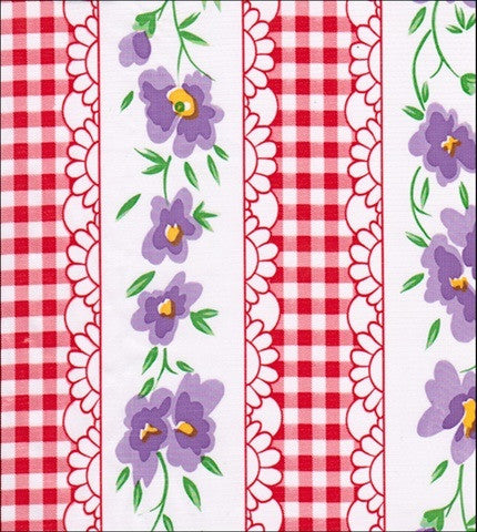 Purple Flowers and Red Gingham on white oilcloth