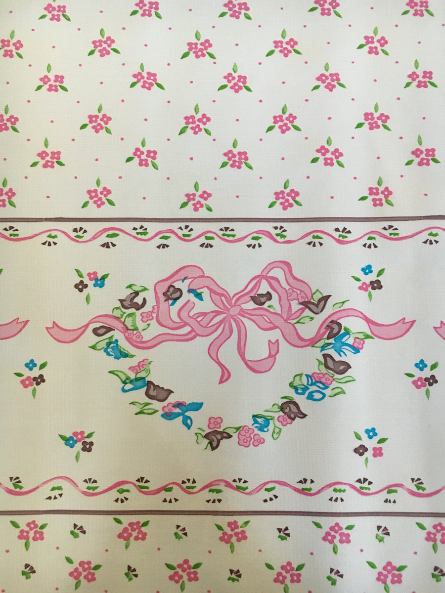 Ribbons and Flowers Pink Oilcloth Fabric Oilcloth By The Yard The