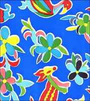 Oilcloth Fabric swatch animals and flowers on solid blue background
