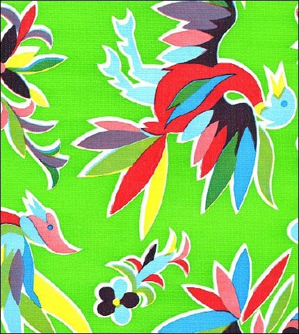 Oilcloth Fabric Swatch birds animals on solid lime background