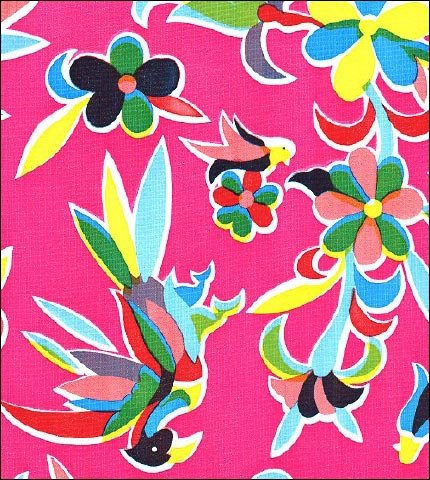 Oilcloth fabric swatch birds animals flowers on solid pink background