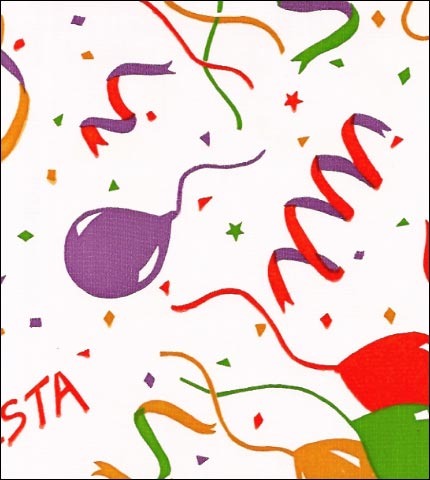 Fiesta balloons confetti in multiple colors on white oilcloth 