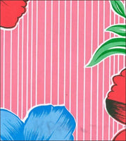 Oilcloth fabric swatch large tropical red blue flowers on pink narrow stripe background