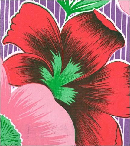 Oilcloth Fabric Swatch large pink red tropical flowers on purple narrow stripe background