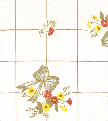 oilcloth by the yard bows and bouquet gold on white swatch