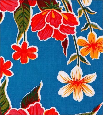 Oilcloth Fabric Swatch Hawaiian flowers in red white and yellow on blue background