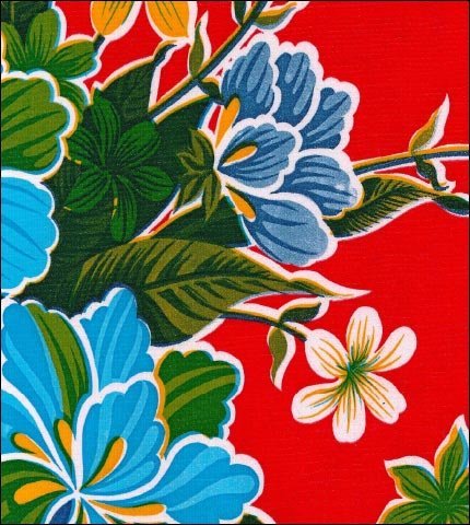 Oilcloth Fabric Swatch blue white and yellow hibiscus flowers on red background 