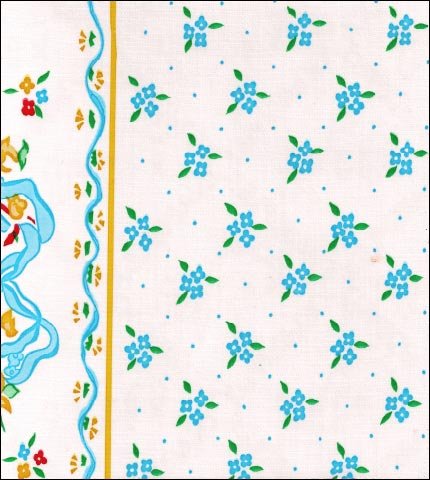 Blue Ribbons & Flowers on White oilcloth fabric