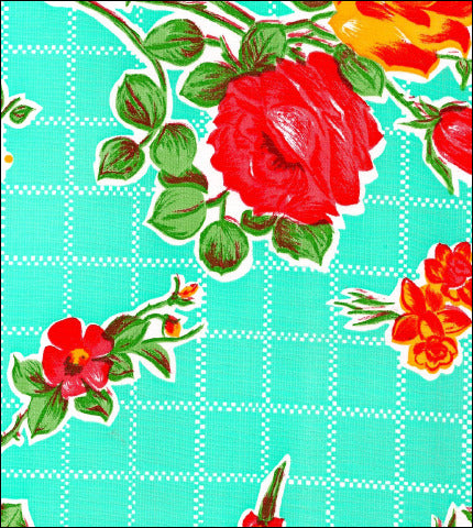 Roses and grid on Aqua oilcloth fabric