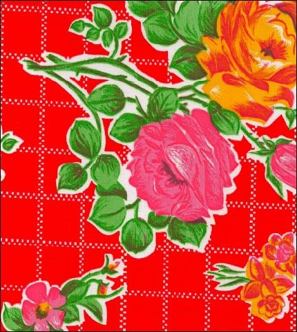 Roses and grid on Red oilcloth fabric