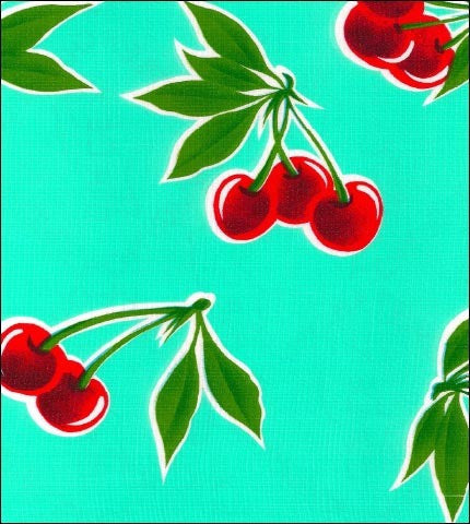 Oilcloth fabric swatch: Red cherries with leaves on solid aqua background