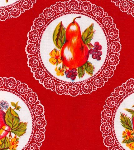 Doilies with fruit on Red oilcloth swatch