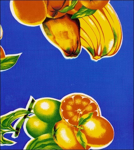 Tropical Fruits on Blue oilcloth swatch