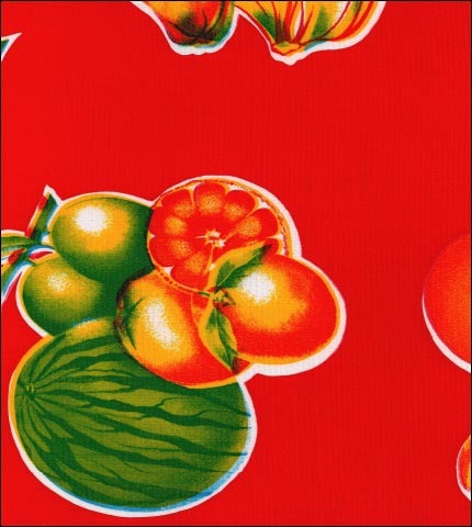 Oilcloth Fabric Swatch watermelons papaya mangoes bananas on solid red background