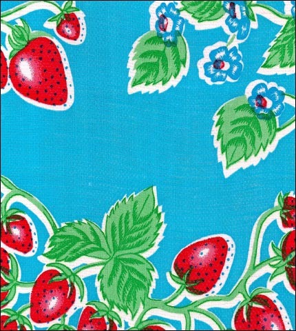 strawberries on light blue oilcloth 