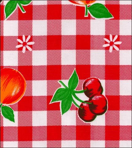 Fruits on Large Red Gingham oilcloth with cherries, apples and peaches