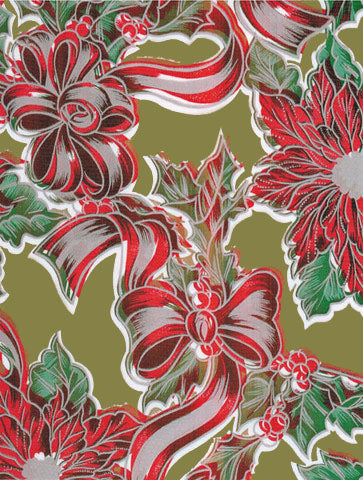 oilcloth by the yard christmas ribbons and holly gold swatch 1