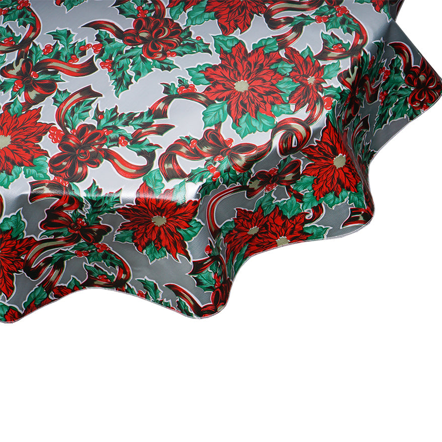 oilcloth by the yard Christmas Ribbons & Holly Silver tablecloth